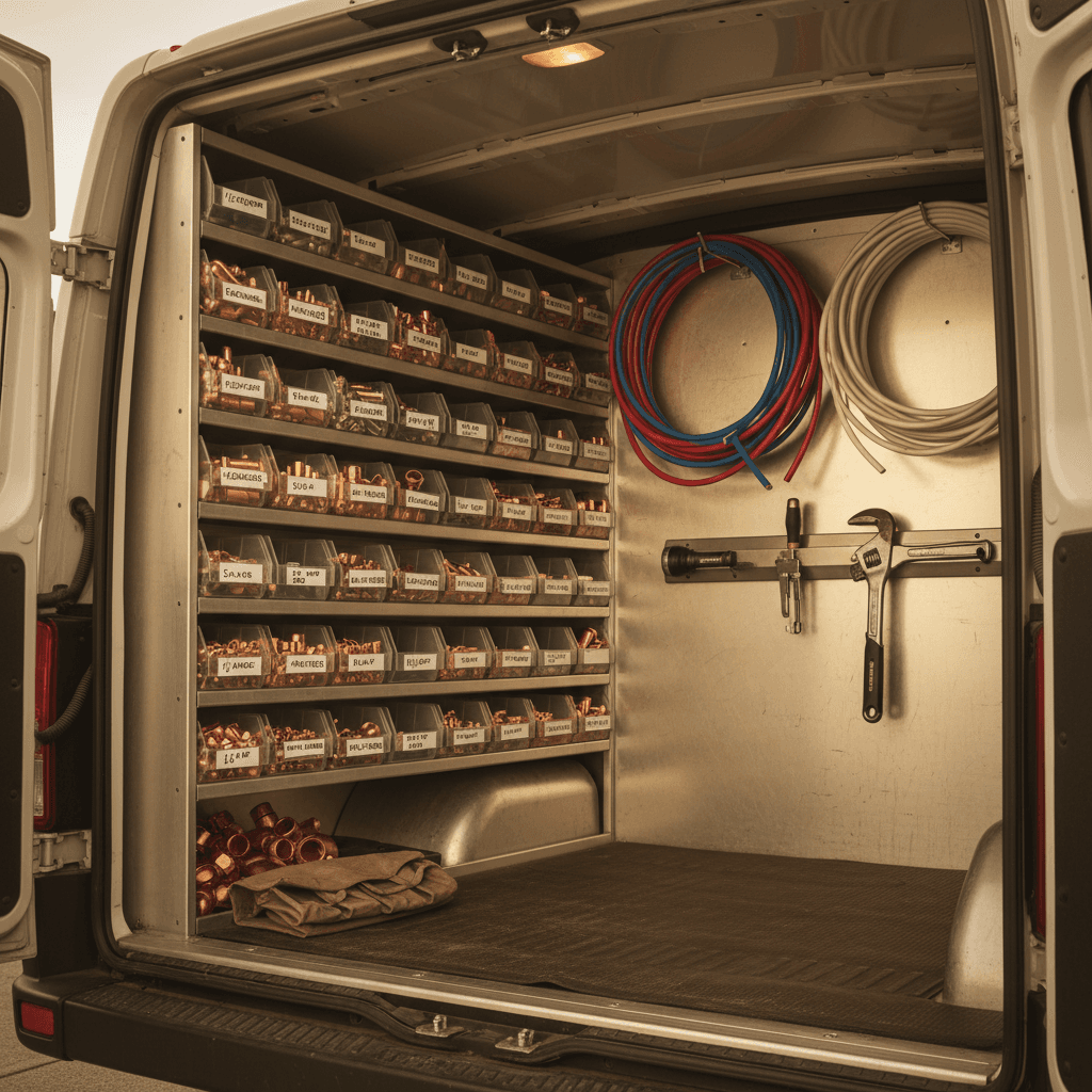 Meticulously organized plumbing work truck interior