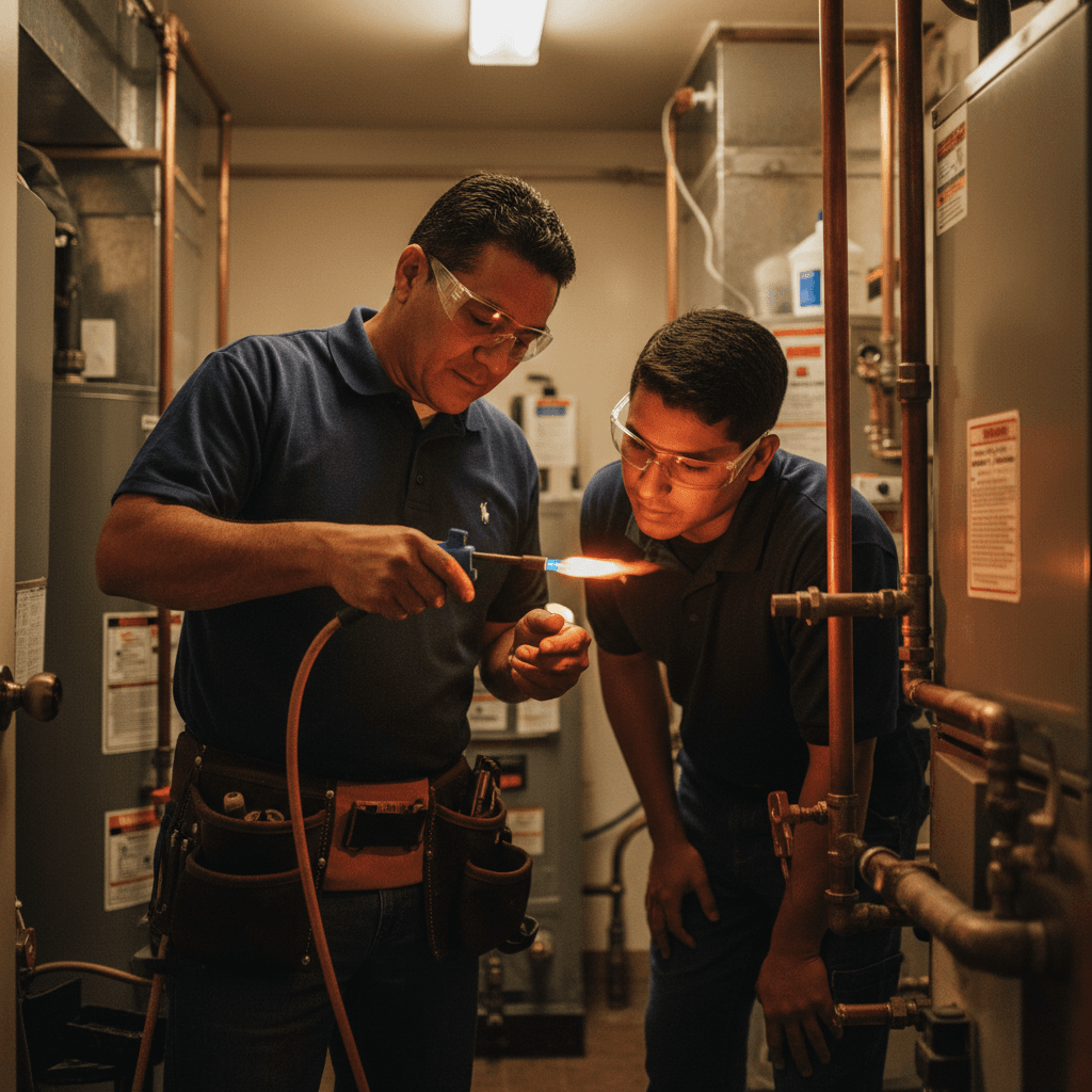 Father teaching son to solder copper — generational craftsmanship