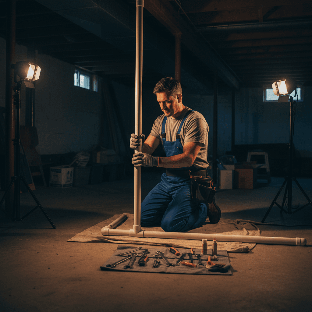 Calm plumber resolving a basement plumbing emergency