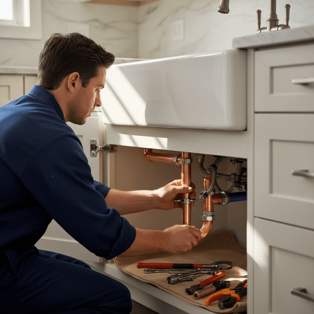 Expert plumbing repair — copper fittings under a kitchen sink