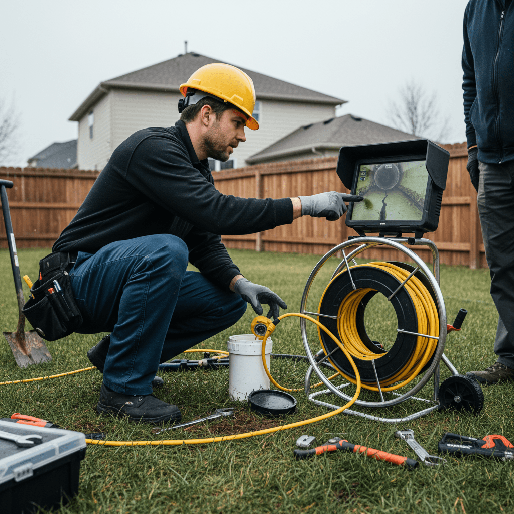 Sewer camera inspection in a residential backyard
