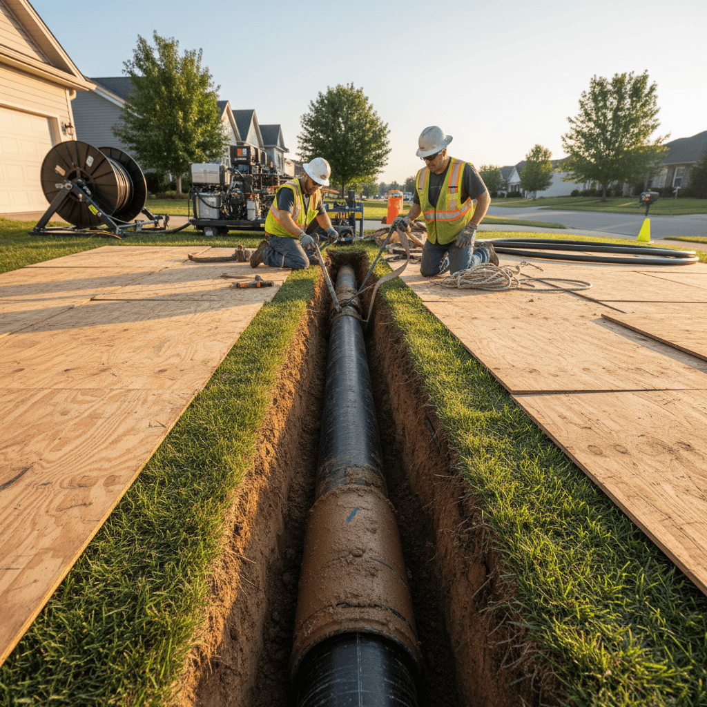 Trenchless sewer line replacement in progress