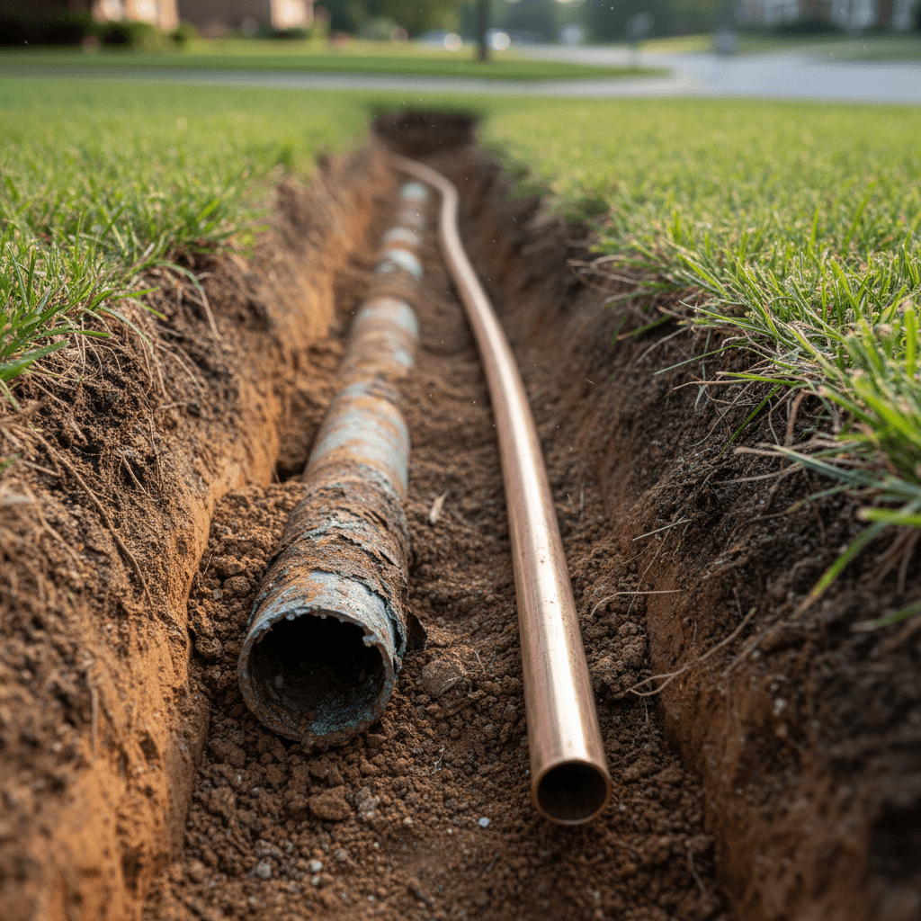 Excavated water main showing old vs new pipe
